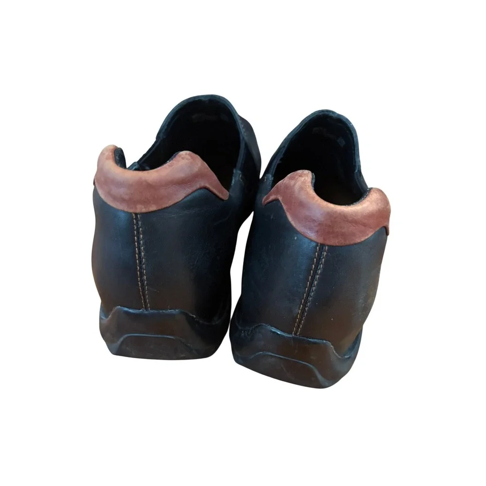 Cole Haan Mens Black Leather Slip On Loafers Bicycle Toe Brown Heel Accent